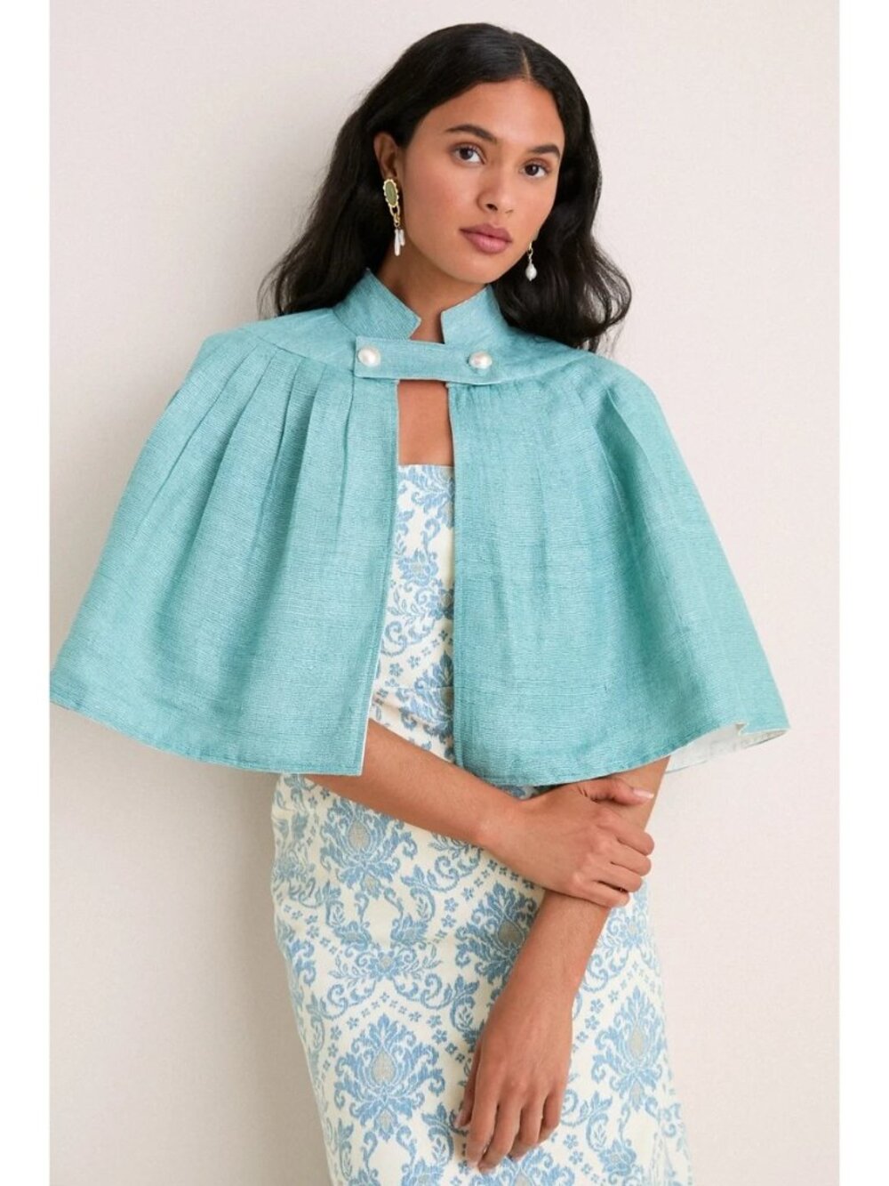 BURU Reversible Silk Cape Aqua & Ivory Size XS NWT